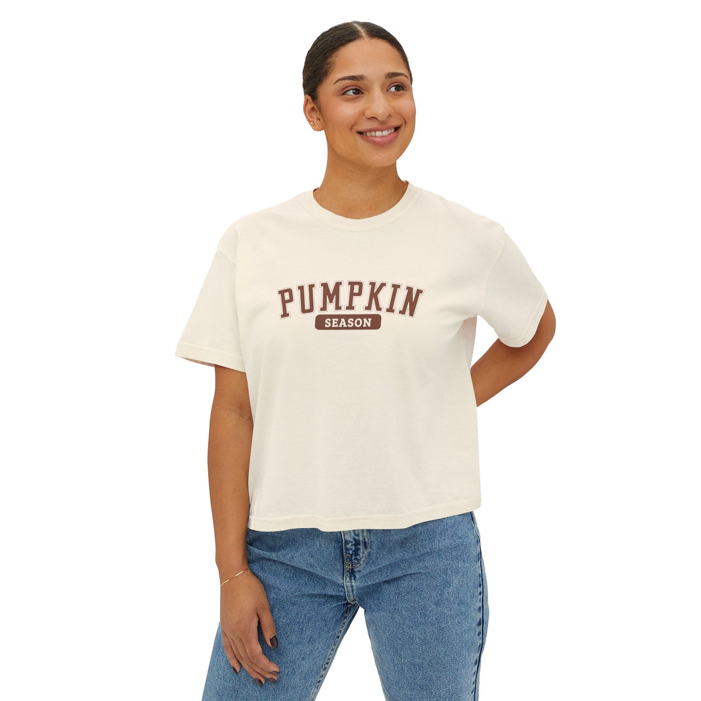 Pumpkin Season Women's Boxy Tee, Halloween T-Shirt, Fall Apparel, Cute Fall Top, Cozy Autumn Wear, Gift for Her, Pumpkin Spice